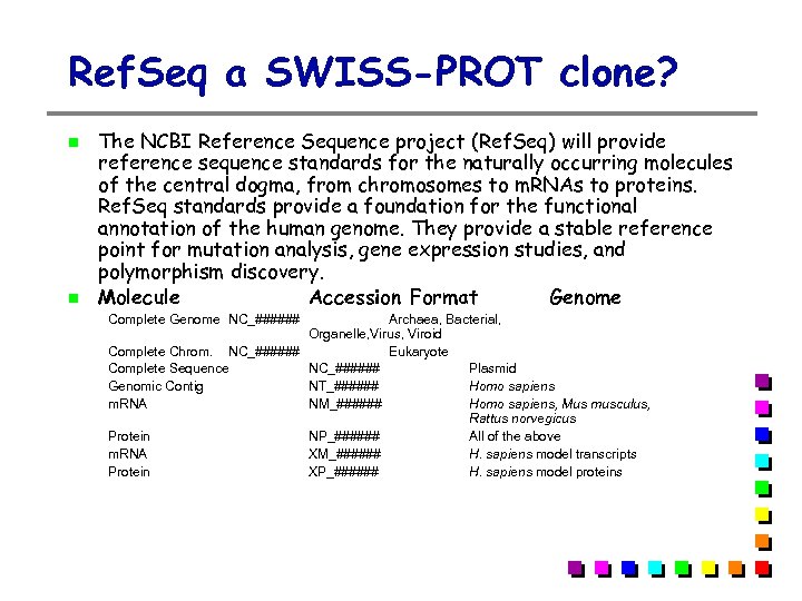 Ref. Seq a SWISS-PROT clone? The NCBI Reference Sequence project (Ref. Seq) will provide