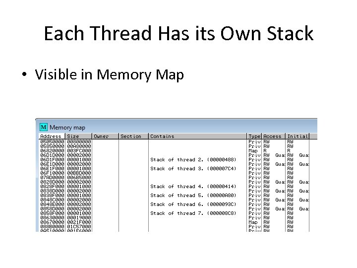 Each Thread Has its Own Stack • Visible in Memory Map 