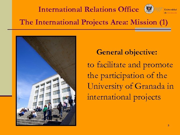 International Relations Office The International Projects Area: Mission (1) General objective: to facilitate and