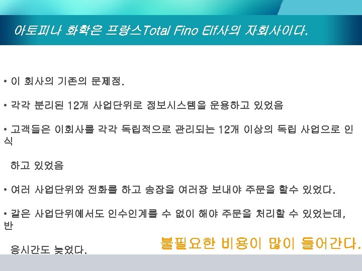 아토피나 화학은 프랑스Total Fino Elf사의 자회사이다. • 이 회사의 기존의 문제점. • 각각 분리된