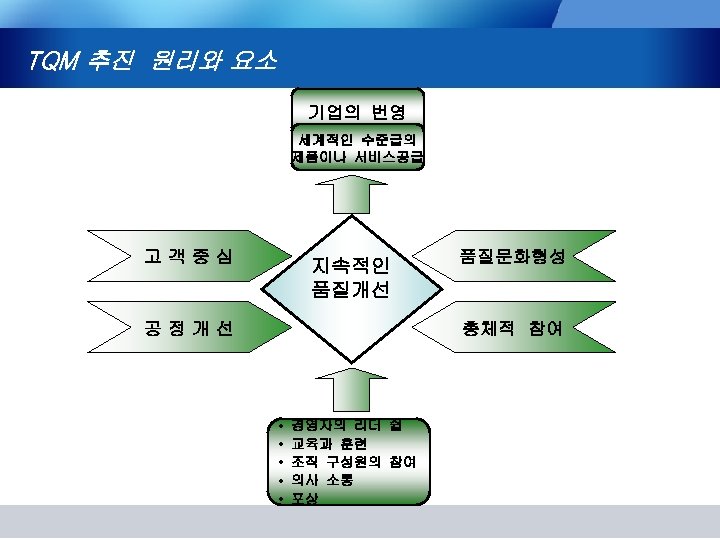 TQM 추진 원리와 요소 기업의 번영 세계적인 수준급의 제품이나 서비스공급 고객중심 지속적인 품질개선 공정개선