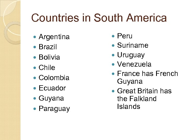Countries in South America Argentina Brazil Bolivia Chile Colombia Ecuador Guyana Paraguay Peru Suriname