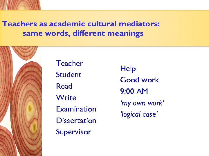 Teachers as academic cultural mediators: same words, different meanings Teacher Student Read Write Examination