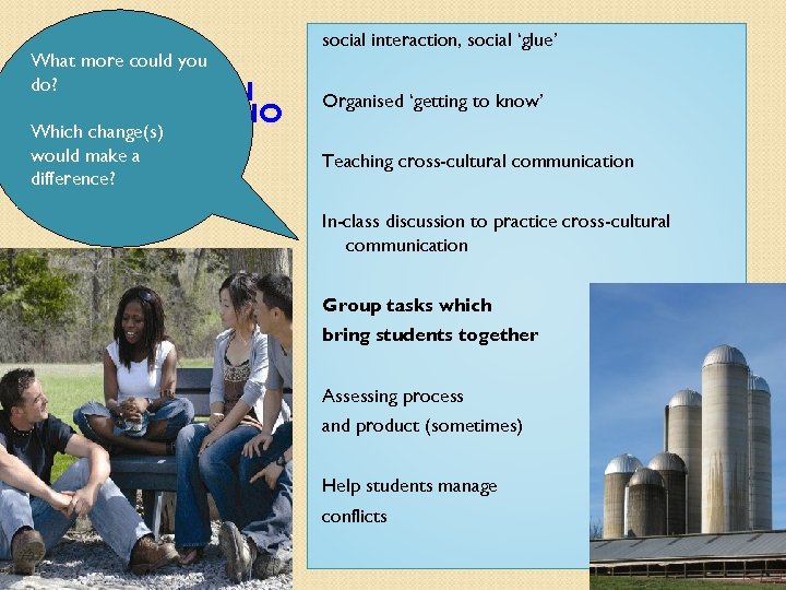 What more could you do? INTEGRATION COLLABORATIO Which change(s) N would make a INCLUSION