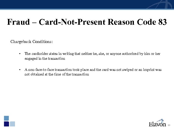 Fraud – Card-Not-Present Reason Code 83 Chargeback Conditions: • The cardholder states in writing