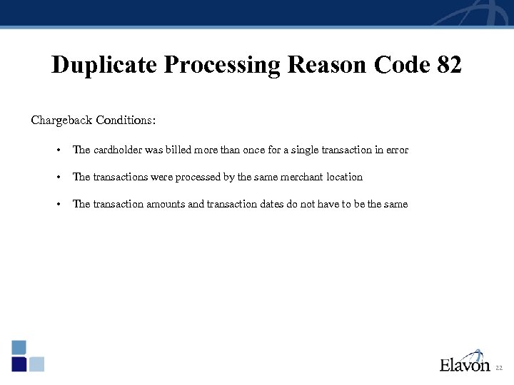 Duplicate Processing Reason Code 82 Chargeback Conditions: • The cardholder was billed more than