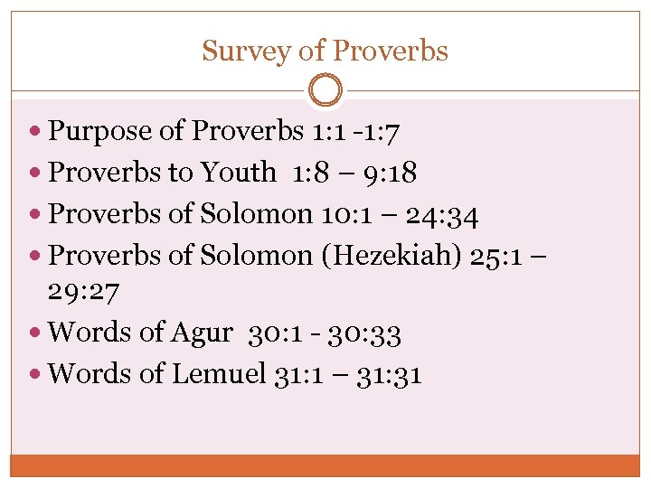Survey of Proverbs Purpose of Proverbs 1: 1 -1: 7 Proverbs to Youth 1: