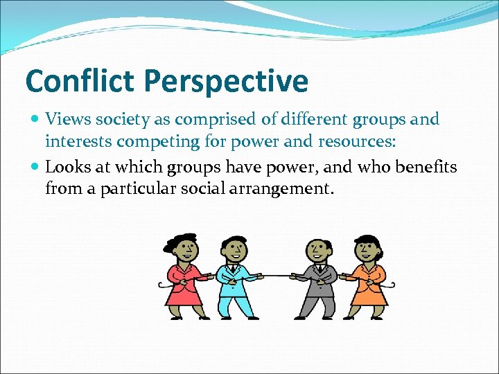 Conflict Perspective Views society as comprised of different groups and interests competing for power