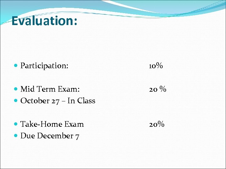 Evaluation: Participation: 10% Mid Term Exam: October 27 – In Class Take-Home Exam Due