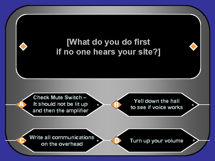 [What do you do first if no one hears your site? ] A Check