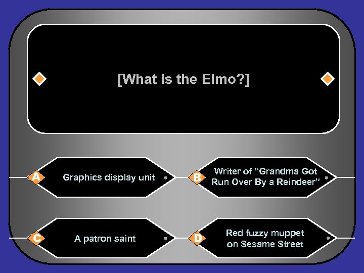 [What is the Elmo? ] A C Graphics display unit A patron saint Writer