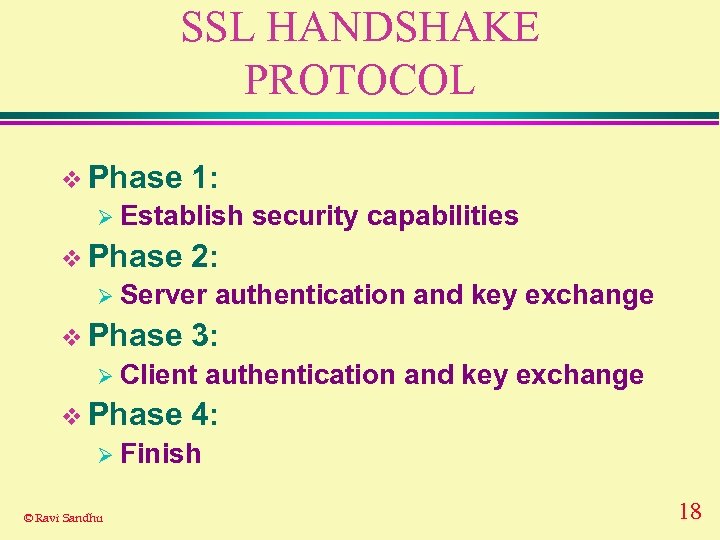 SSL HANDSHAKE PROTOCOL v Phase 1: Ø Establish v Phase 2: Ø Server v