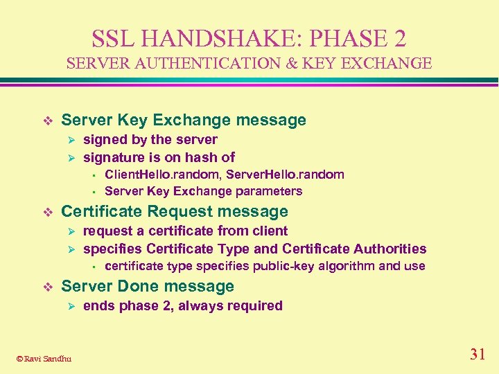SSL HANDSHAKE: PHASE 2 SERVER AUTHENTICATION & KEY EXCHANGE v Server Key Exchange message