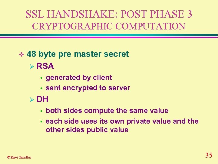 SSL HANDSHAKE: POST PHASE 3 CRYPTOGRAPHIC COMPUTATION v 48 byte pre master secret Ø