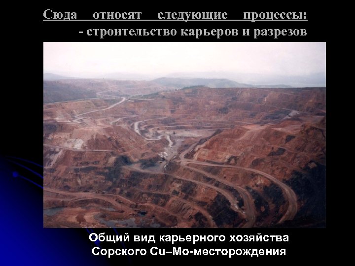 Сюда относят следующие процессы: - строительство карьеров и разрезов Общий вид карьерного хозяйства Сорского