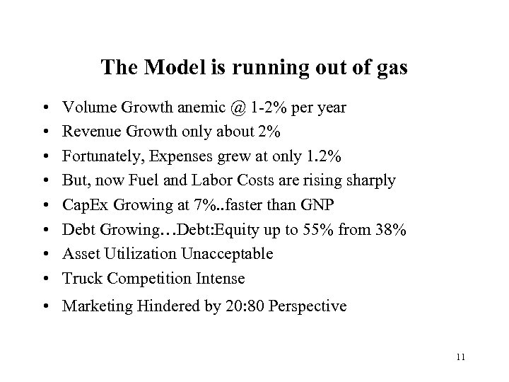 The Model is running out of gas • • Volume Growth anemic @ 1