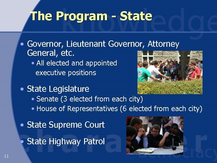 The Program - State • Governor, Lieutenant Governor, Attorney General, etc. • All elected