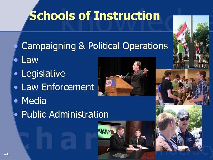 Schools of Instruction • • • 12 Campaigning & Political Operations Law Legislative Law
