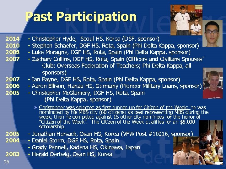 Past Participation 2014 - Christopher Hyde, Seoul HS, Korea (DSF, sponsor) 2010 - Stephen