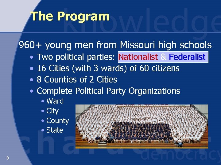 The Program 960+ young men from Missouri high schools • • Two political parties: