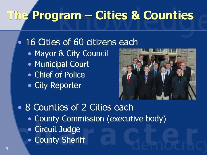The Program – Cities & Counties • 16 Cities of 60 citizens each •