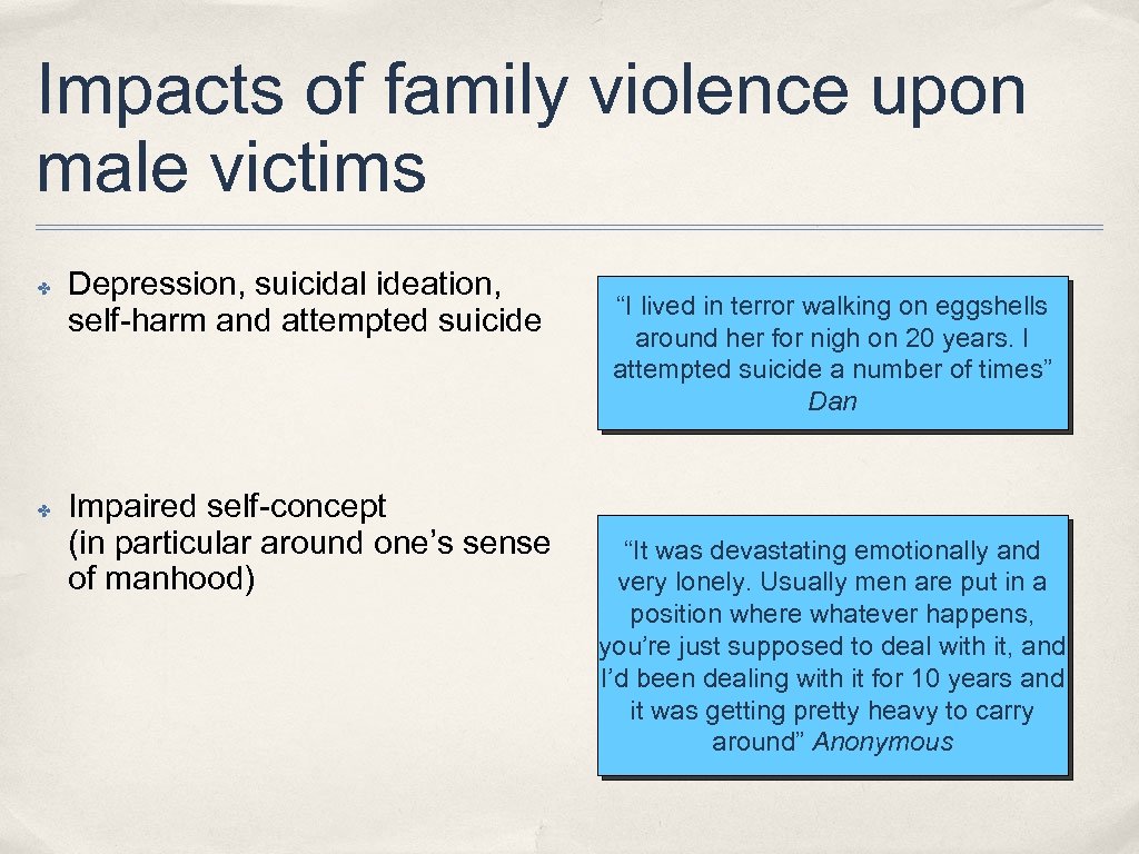 Impacts of family violence upon male victims ✤ ✤ Depression, suicidal ideation, self-harm and