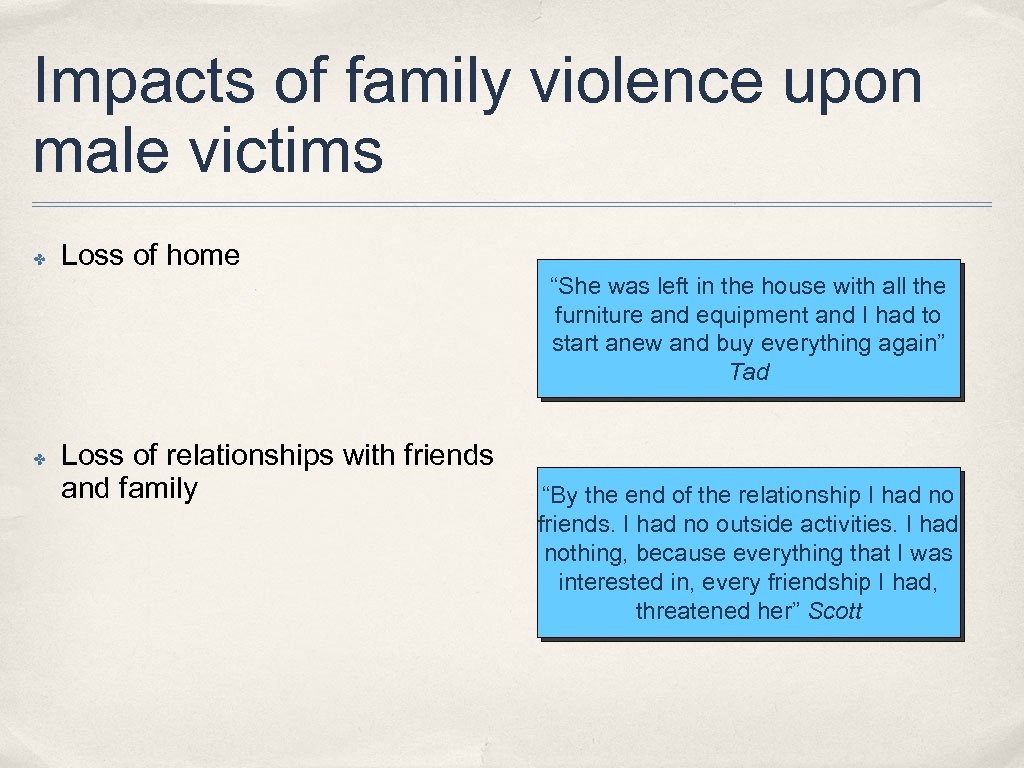 Impacts of family violence upon male victims ✤ Loss of home “She was left