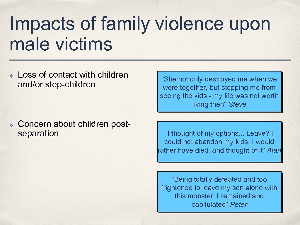 Impacts of family violence upon male victims ✤ ✤ Loss of contact with children