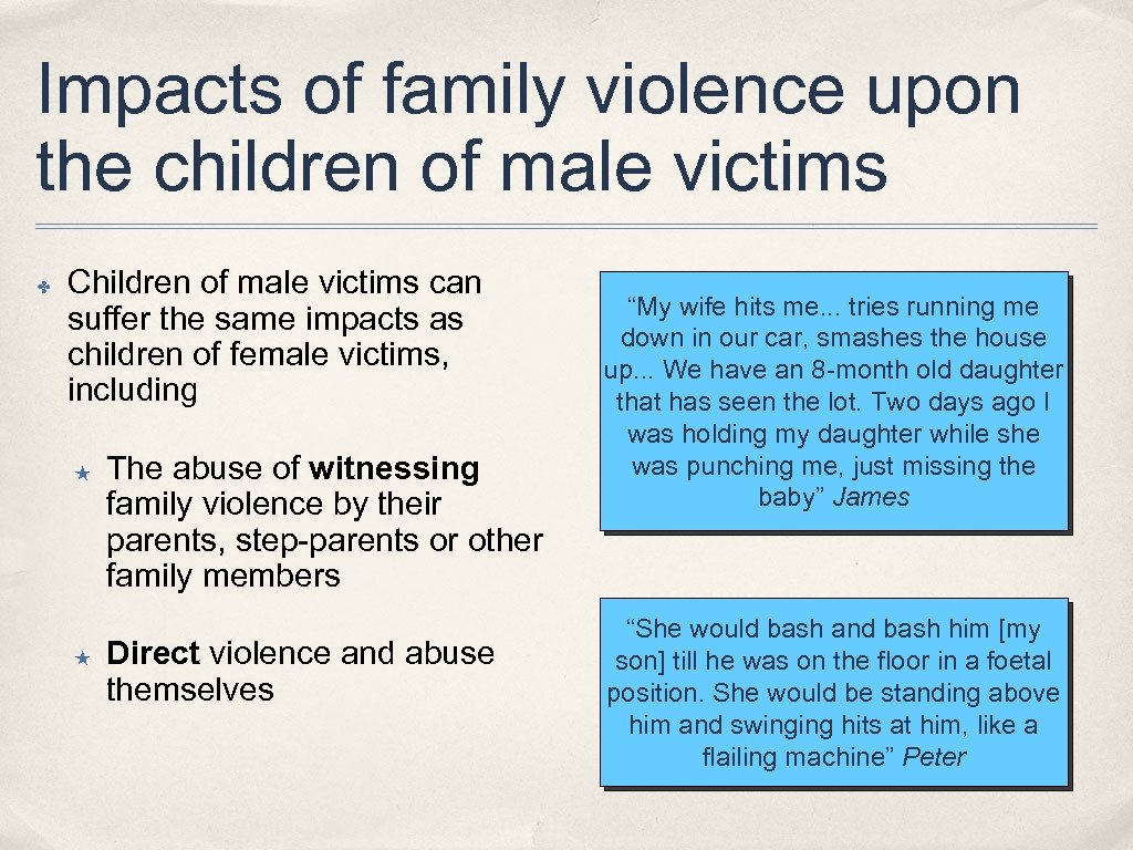 Impacts of family violence upon the children of male victims ✤ Children of male