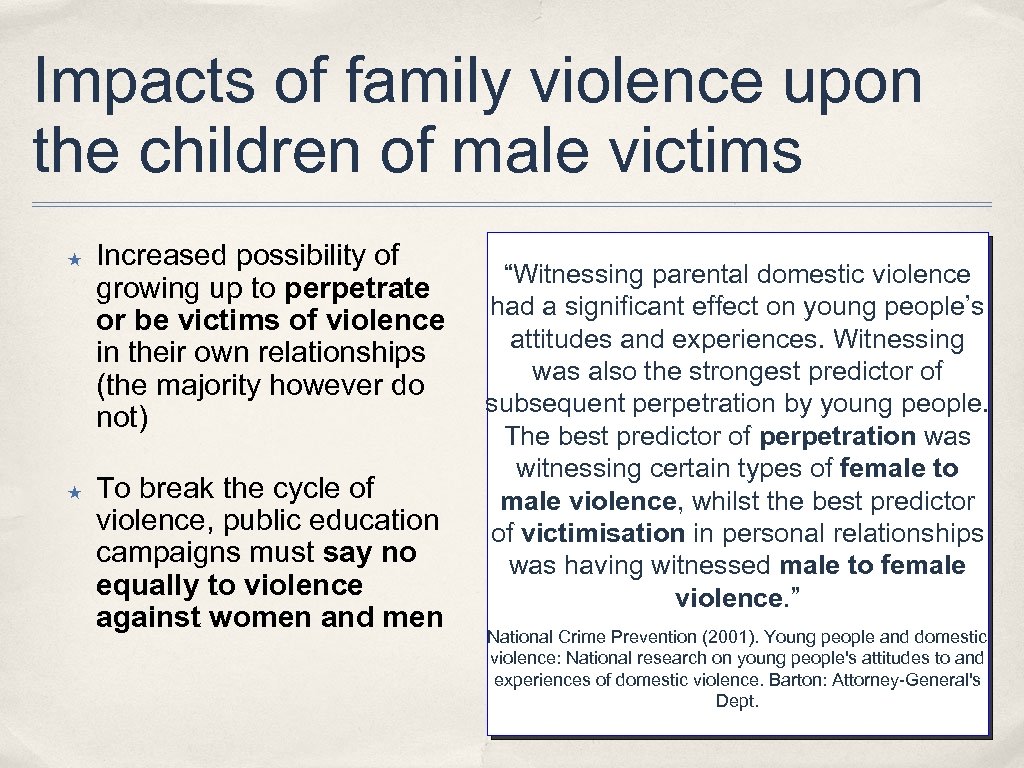 Impacts of family violence upon the children of male victims ★ ★ Increased possibility