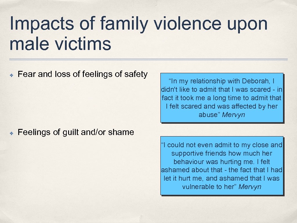 Impacts of family violence upon male victims ✤ Fear and loss of feelings of