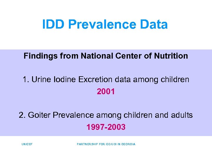 IDD Prevalence Data Findings from National Center of Nutrition 1. Urine Iodine Excretion data