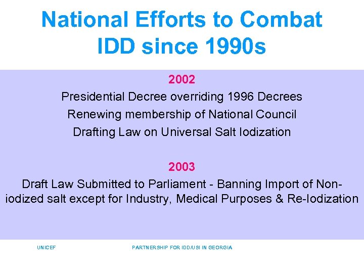 National Efforts to Combat IDD since 1990 s 2002 Presidential Decree overriding 1996 Decrees