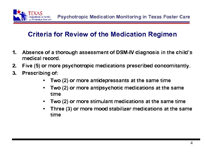 Psychotropic Medication Monitoring in Texas Foster Care Criteria for Review of the Medication Regimen