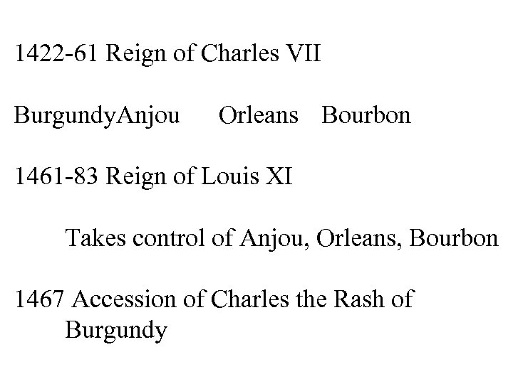 1422 -61 Reign of Charles VII Burgundy. Anjou Orleans Bourbon 1461 -83 Reign of