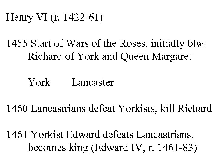 Henry VI (r. 1422 -61) 1455 Start of Wars of the Roses, initially btw.