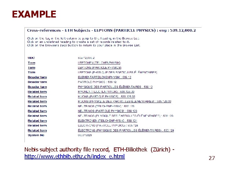 EXAMPLE Nebis subject authority file record, ETH-Biliothek (Zürich) http: //www. ethbib. ethz. ch/index_e. html