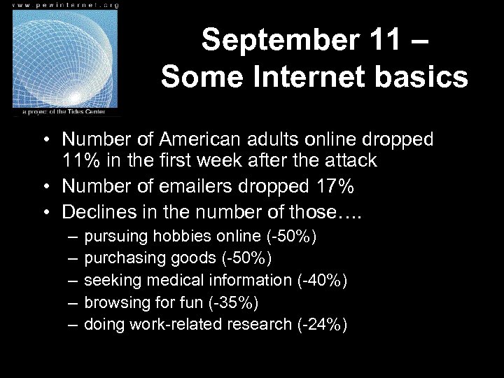 September 11 – Some Internet basics • Number of American adults online dropped 11%