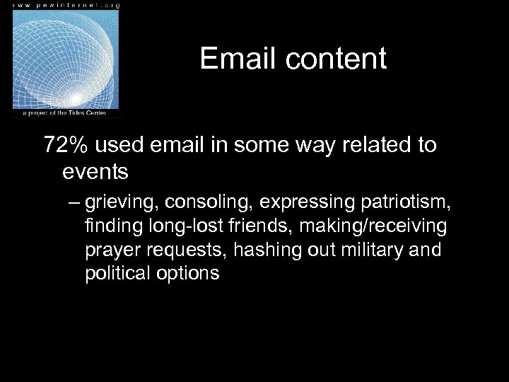 Email content 72% used email in some way related to events – grieving, consoling,