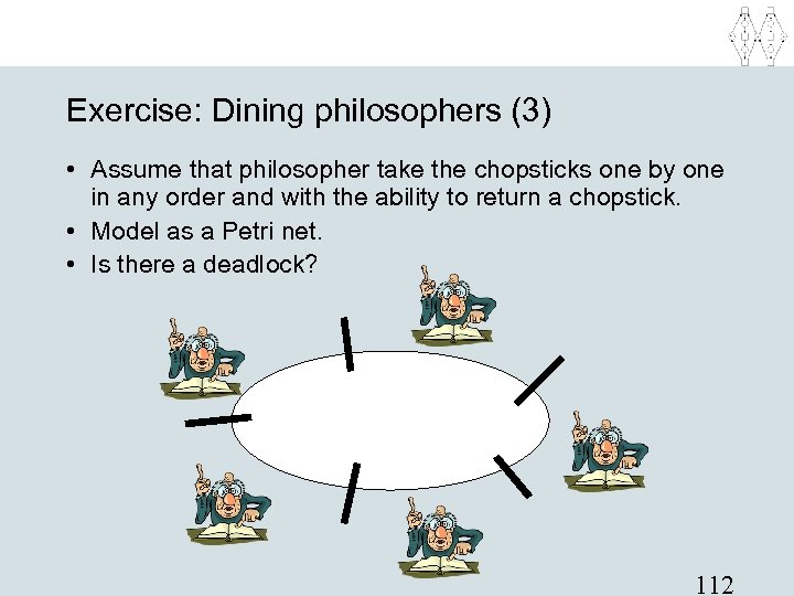 Exercise: Dining philosophers (3) • Assume that philosopher take the chopsticks one by one