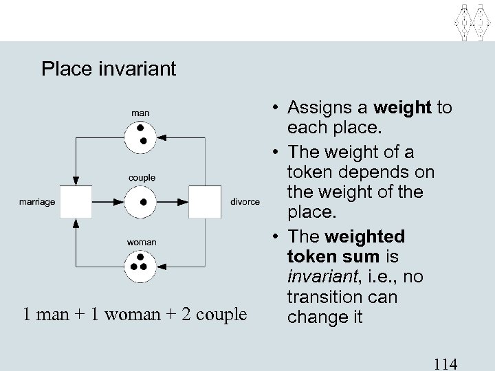 Place invariant 1 man + 1 woman + 2 couple • Assigns a weight