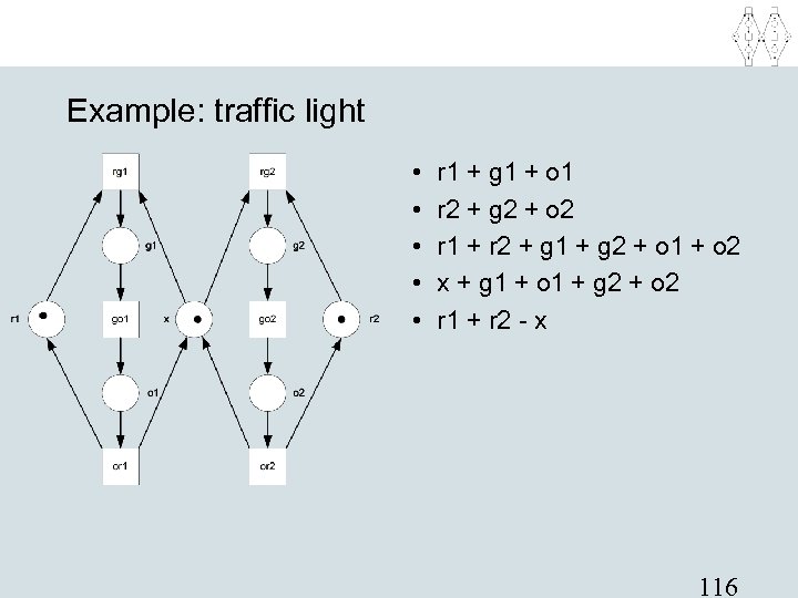 Example: traffic light • • • r 1 + g 1 + o 1