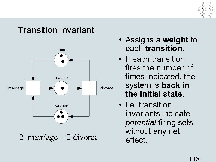 Transition invariant 2 marriage + 2 divorce • Assigns a weight to each transition.