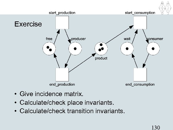 Exercise • Give incidence matrix. • Calculate/check place invariants. • Calculate/check transition invariants. 130