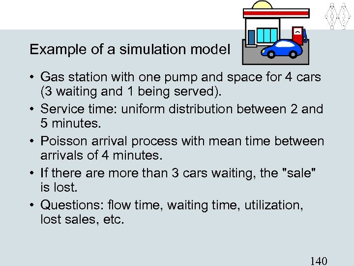 Example of a simulation model • Gas station with one pump and space for