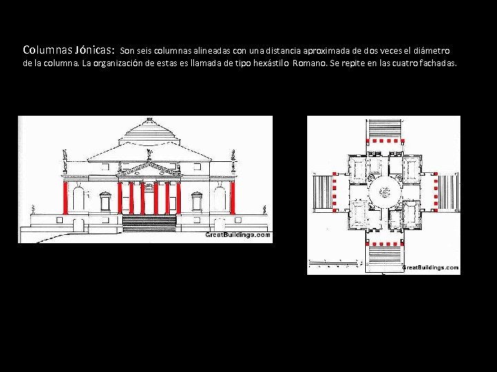 Columnas Jónicas: Son seis columnas alineadas con una distancia aproximada de dos veces el