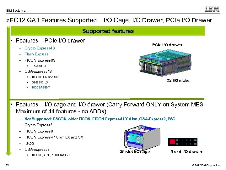 IBM System z z. EC 12 GA 1 Features Supported – I/O Cage, I/O