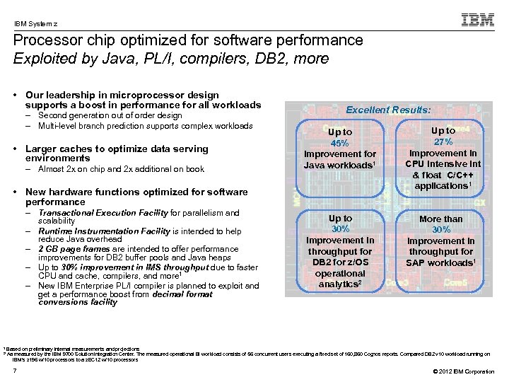 IBM System z Processor chip optimized for software performance Exploited by Java, PL/I, compilers,