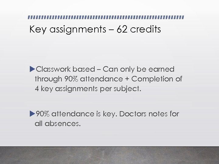 Key assignments – 62 credits Classwork based – Can only be earned through 90%