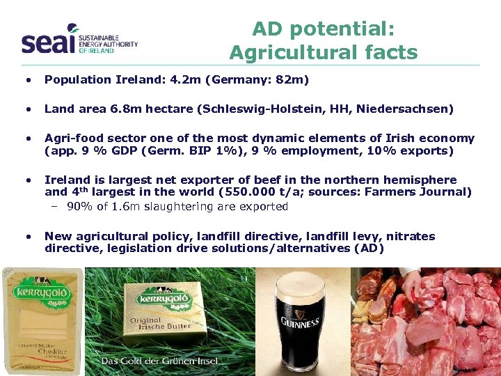 AD potential: Agricultural facts • Population Ireland: 4. 2 m (Germany: 82 m) •